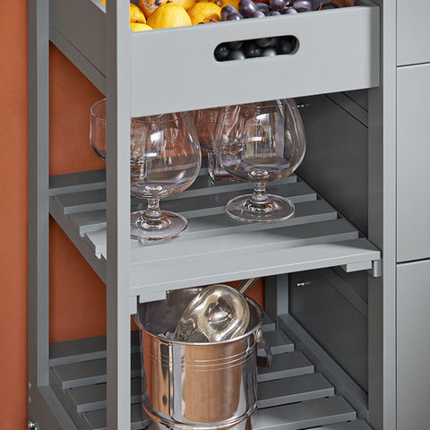 Rootz Kitchen Trolley - Serving Cart - Mobile Storage Unit - Easy Maneuverability - Ample Storage with 3 Drawers and Shelves - Durable MDF and Pine Construction - 67cm x 84.5cm x 37cm - Light Gray