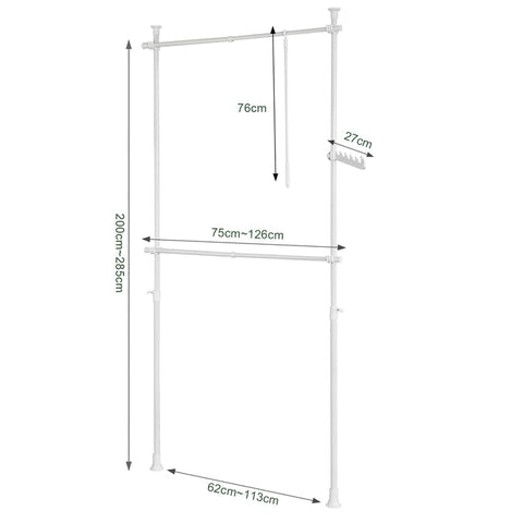 Rootz Adjustable Telescopic Clothes Rail - Wardrobe Organizer - Shelving System - Space-Saving - Easy Assembly - Variable Size 62-113cm x 200-285cm