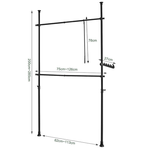 Rootz Adjustable Telescopic Clothes Rail - Wardrobe Organizer - Shelving System - Space-Saving - Easy Assembly - Variable Size 62-113cm x 200-285cm