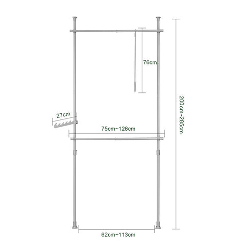 Rootz Adjustable Telescopic Clothes Rail - Wardrobe Organizer - Shelving System - Space-Saving - Easy Assembly - Variable Size 62-113cm x 200-285cm