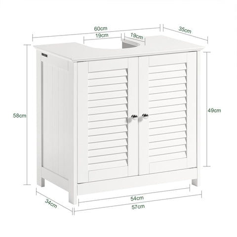 Rootz Bathroom Sink Base Cabinet - Storage Cabinet - White MDF Cabinet - Mold Prevention - Decorative Slatted Door - 57cm x 58cm x 35cm