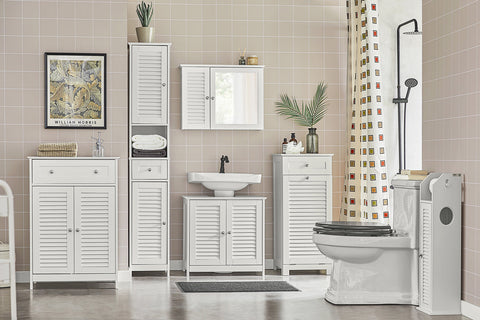Rootz White Bathroom Sink Base Cabinet - Storage Cabinet - Slatted Door Design - Mold Prevention - Air Permeable - Decorative - 60cm x 58cm x 34cm