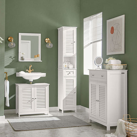 Rootz Bathroom Sink Base Cabinet - Storage Cabinet - White MDF Cabinet - Mold Prevention - Decorative Slatted Door - 57cm x 58cm x 35cm