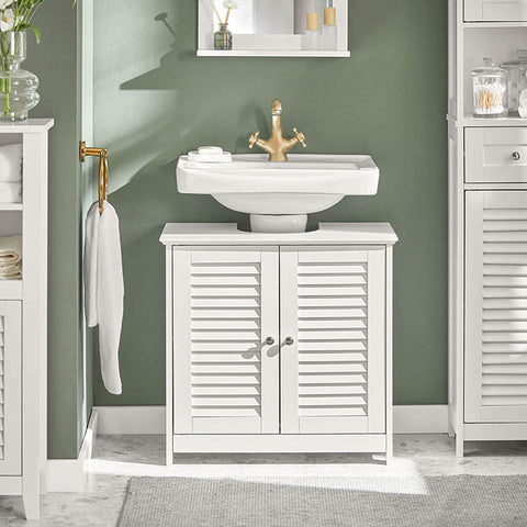 Rootz Bathroom Sink Base Cabinet - Storage Cabinet - White MDF Cabinet - Mold Prevention - Decorative Slatted Door - 57cm x 58cm x 35cm