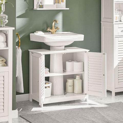 Rootz Bathroom Sink Base Cabinet - Storage Cabinet - White MDF Cabinet - Mold Prevention - Decorative Slatted Door - 57cm x 58cm x 35cm