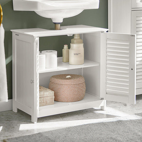 Rootz White Bathroom Sink Base Cabinet - Storage Cabinet - Slatted Door Design - Mold Prevention - Air Permeable - Decorative - 60cm x 58cm x 34cm