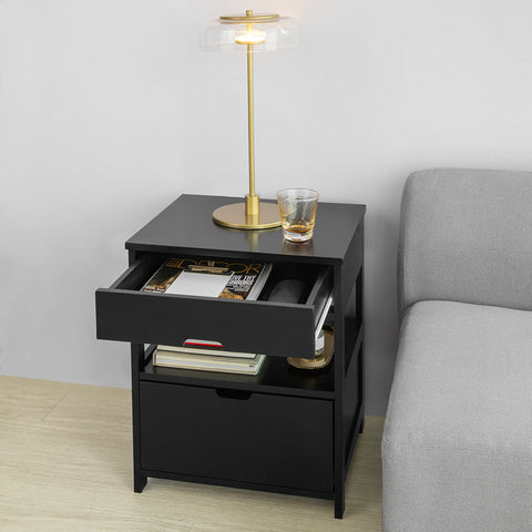 Rootz Modern Bedside Table - Nightstand - Side Table - Black MDF - Large Storage with 2 Shelves and 2 Drawers - Scratch-Resistant Floor Protectors - Versatile for Living Room, Bedroom, Office - 45cm x 55cm x 38cm