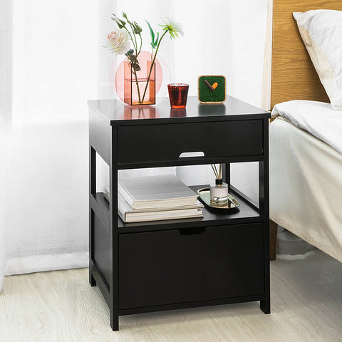 Rootz Modern Bedside Table - Nightstand - Side Table - Black MDF - Large Storage with 2 Shelves and 2 Drawers - Scratch-Resistant Floor Protectors - Versatile for Living Room, Bedroom, Office - 45cm x 55cm x 38cm
