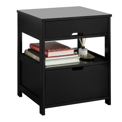 Rootz Modern Bedside Table - Nightstand - Side Table - Black MDF - Large Storage with 2 Shelves and 2 Drawers - Scratch-Resistant Floor Protectors - Versatile for Living Room, Bedroom, Office - 45cm x 55cm x 38cm
