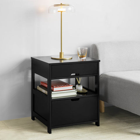 Rootz Modern Bedside Table - Nightstand - Side Table - Black MDF - Large Storage with 2 Shelves and 2 Drawers - Scratch-Resistant Floor Protectors - Versatile for Living Room, Bedroom, Office - 45cm x 55cm x 38cm