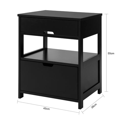 Rootz Modern Bedside Table - Nightstand - Side Table - Black MDF - Large Storage with 2 Shelves and 2 Drawers - Scratch-Resistant Floor Protectors - Versatile for Living Room, Bedroom, Office - 45cm x 55cm x 38cm