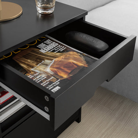 Rootz Modern Bedside Table - Nightstand - Side Table - Black MDF - Large Storage with 2 Shelves and 2 Drawers - Scratch-Resistant Floor Protectors - Versatile for Living Room, Bedroom, Office - 45cm x 55cm x 38cm