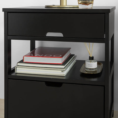 Rootz Modern Bedside Table - Nightstand - Side Table - Black MDF - Large Storage with 2 Shelves and 2 Drawers - Scratch-Resistant Floor Protectors - Versatile for Living Room, Bedroom, Office - 45cm x 55cm x 38cm