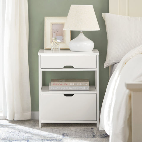 Rootz Bedside Table - Nightstand - Side Table - White MDF - Large Storage with 2 Shelves and 2 Drawers - Scratch-Resistant Floor Protectors - Versatile Design - 45cm x 55cm x 38cm