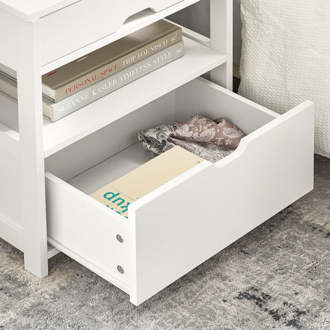 Rootz Bedside Table - Nightstand - Side Table - White MDF - Large Storage with 2 Shelves and 2 Drawers - Scratch-Resistant Floor Protectors - Versatile Design - 45cm x 55cm x 38cm
