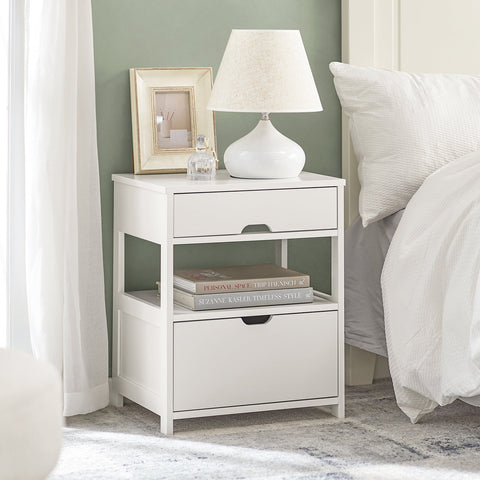 Rootz Bedside Table - Nightstand - Side Table - White MDF - Large Storage with 2 Shelves and 2 Drawers - Scratch-Resistant Floor Protectors - Versatile Design - 45cm x 55cm x 38cm