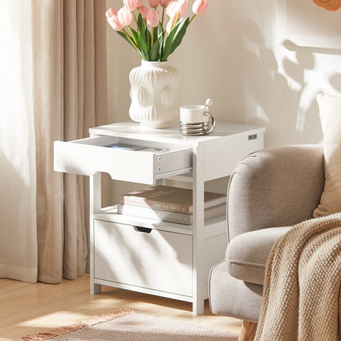 Rootz Bedside Table - Nightstand - Side Table - White MDF - Large Storage with 2 Shelves and 2 Drawers - Scratch-Resistant Floor Protectors - Versatile Design - 45cm x 55cm x 38cm