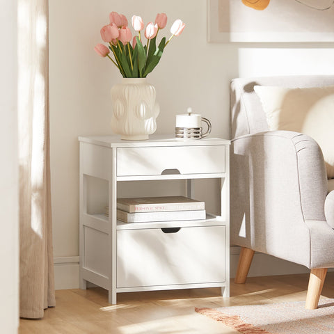 Rootz Bedside Table - Nightstand - Side Table - White MDF - Large Storage with 2 Shelves and 2 Drawers - Scratch-Resistant Floor Protectors - Versatile Design - 45cm x 55cm x 38cm
