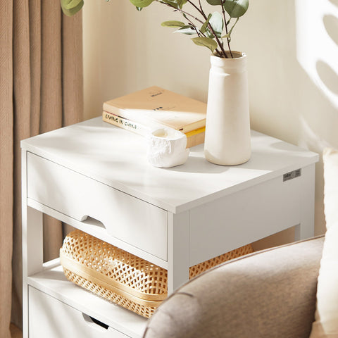 Rootz Bedside Table - Nightstand - Side Table - White MDF - Large Storage with 2 Shelves and 2 Drawers - Scratch-Resistant Floor Protectors - Versatile Design - 45cm x 55cm x 38cm