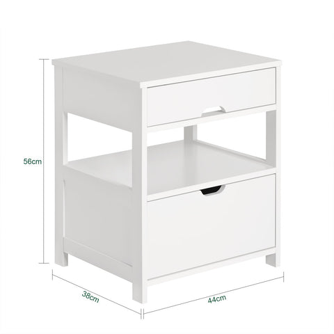 Rootz Bedside Table - Nightstand - Side Table - White MDF - Large Storage with 2 Shelves and 2 Drawers - Scratch-Resistant Floor Protectors - Versatile Design - 45cm x 55cm x 38cm