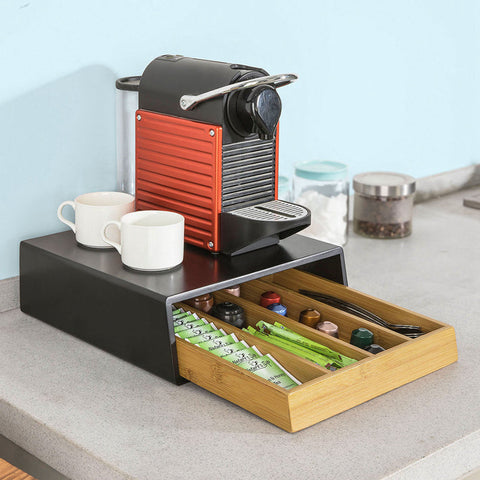 Rootz Coffee Capsule Holder - Tea Bag Organizer - Drawer Dispenser - Space-Saving Design - Non-Slip Rubber Feet - Bamboo and MDF - 30cm x 10cm x 31cm
