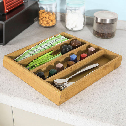 Rootz Coffee Capsule Holder - Tea Bag Organizer - Drawer Dispenser - Space-Saving Design - Non-Slip Rubber Feet - Bamboo and MDF - 30cm x 10cm x 31cm