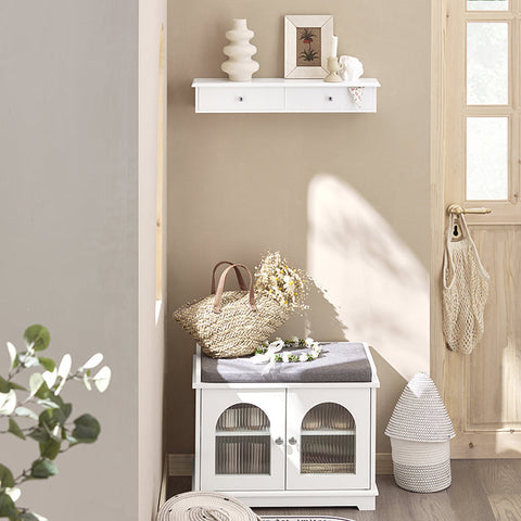 Rootz Floating Shelf with Drawers - Wall-Mounted Storage - Hanging Drawer - Sleek Modern Design - Sturdy MDF Construction - Ideal for CDs, Books, Decor - Features Safety Drawer Stoppers - White - 64cm x 15cm x 10cm