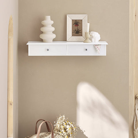 Rootz Floating Shelf with Drawers - Wall-Mounted Storage - Hanging Drawer - Sleek Modern Design - Sturdy MDF Construction - Ideal for CDs, Books, Decor - Features Safety Drawer Stoppers - White - 64cm x 15cm x 10cm