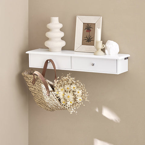 Rootz Floating Shelf with Drawers - Wall-Mounted Storage - Hanging Drawer - Sleek Modern Design - Sturdy MDF Construction - Ideal for CDs, Books, Decor - Features Safety Drawer Stoppers - White - 64cm x 15cm x 10cm