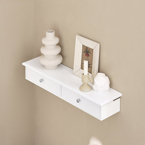 Rootz Floating Shelf with Drawers - Wall-Mounted Storage - Hanging Drawer - Sleek Modern Design - Sturdy MDF Construction - Ideal for CDs, Books, Decor - Features Safety Drawer Stoppers - White - 64cm x 15cm x 10cm