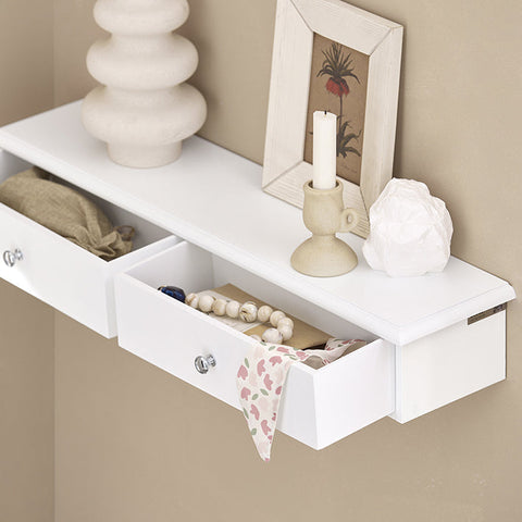 Rootz Floating Shelf with Drawers - Wall-Mounted Storage - Hanging Drawer - Sleek Modern Design - Sturdy MDF Construction - Ideal for CDs, Books, Decor - Features Safety Drawer Stoppers - White - 64cm x 15cm x 10cm