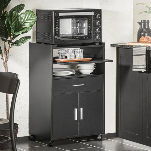 Rootz Rolling Kitchen Cabinet - Microwave Stand - Storage Cart - Versatile Use - Easy Mobility with Lockable Wheels - Ample Storage with Sliding Shelf, Drawer, and Doors - Durable MDF Construction - 59cm x 92cm x 40cm - Black
