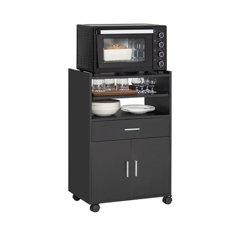 Rootz Rolling Kitchen Cabinet - Microwave Stand - Storage Cart - Versatile Use - Easy Mobility with Lockable Wheels - Ample Storage with Sliding Shelf, Drawer, and Doors - Durable MDF Construction - 59cm x 92cm x 40cm - Black