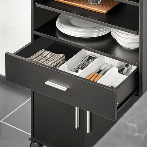 Rootz Rolling Kitchen Cabinet - Microwave Stand - Storage Cart - Versatile Use - Easy Mobility with Lockable Wheels - Ample Storage with Sliding Shelf, Drawer, and Doors - Durable MDF Construction - 59cm x 92cm x 40cm - Black
