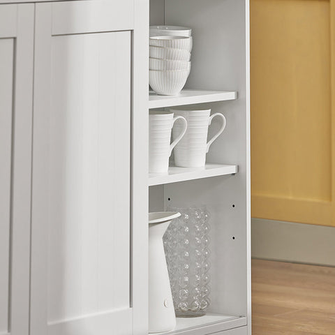 Rootz Modern Sideboard with Sliding Doors - Kitchen Island - Dresser - Adjustable Shelves - Foldable Work Surface - Rubber Wood & MDF - 110cm x 97cm x 66cm - White