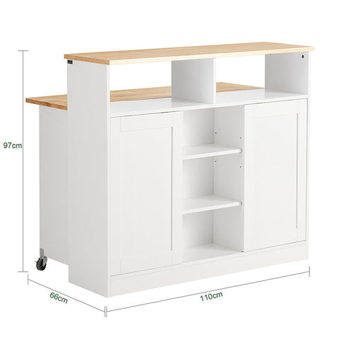 Rootz Modern Sideboard with Sliding Doors - Kitchen Island - Dresser - Adjustable Shelves - Foldable Work Surface - Rubber Wood & MDF - 110cm x 97cm x 66cm - White