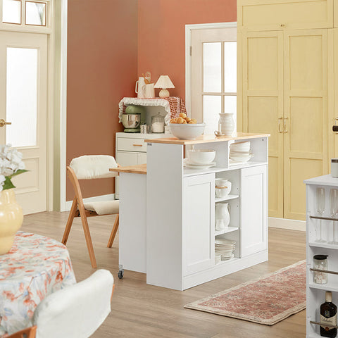 Rootz Modern Sideboard with Sliding Doors - Kitchen Island - Dresser - Adjustable Shelves - Foldable Work Surface - Rubber Wood & MDF - 110cm x 97cm x 66cm - White
