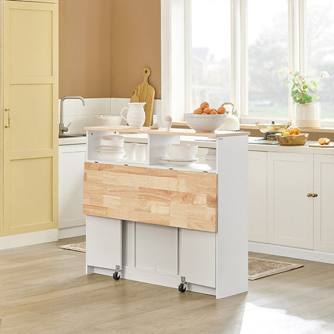 Rootz Modern Sideboard with Sliding Doors - Kitchen Island - Dresser - Adjustable Shelves - Foldable Work Surface - Rubber Wood & MDF - 110cm x 97cm x 66cm - White