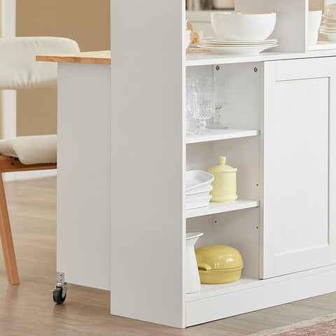 Rootz Modern Sideboard with Sliding Doors - Kitchen Island - Dresser - Adjustable Shelves - Foldable Work Surface - Rubber Wood & MDF - 110cm x 97cm x 66cm - White