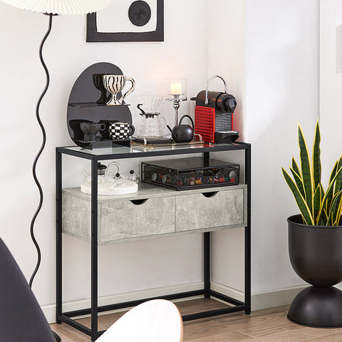 Rootz Modern Sideboard Console Table - Hall Table - Light Gray Side Table - Glass Top - Spacious Storage - Sturdy Design - Adjustable Feet - 81cm x 78cm x 35cm