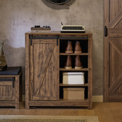 Rootz Modern Sideboard with Sliding Door - Dresser - Shoe Cabinet - Versatile Storage - PB(E1) Material - Spacious with 5 Shelves and Drawer - 80cm x 92cm x 35cm