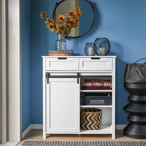 Rootz Modern Kitchen Cabinet - Sideboard with Sliding Door - Dresser - Buffet - Adjustable Shelves - Elegant Black & White Design - Easy Assembly - 80cm x 35cm x 93cm