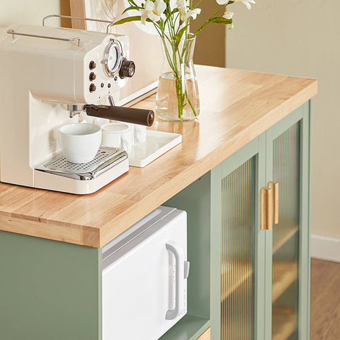 Rootz Modern Sideboard with Glass Doors - Kitchen Cabinet - Dresser - Hall Closet - Storage Organizer - Wine Glass and Bottle Holder - Spacious Microwave Compartment - MDF and Rubber Wood - 120cm x 90cm x 40cm - Green