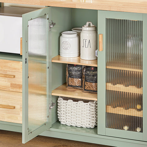 Rootz Modern Sideboard with Glass Doors - Kitchen Cabinet - Dresser - Hall Closet - Storage Organizer - Wine Glass and Bottle Holder - Spacious Microwave Compartment - MDF and Rubber Wood - 120cm x 90cm x 40cm - Green