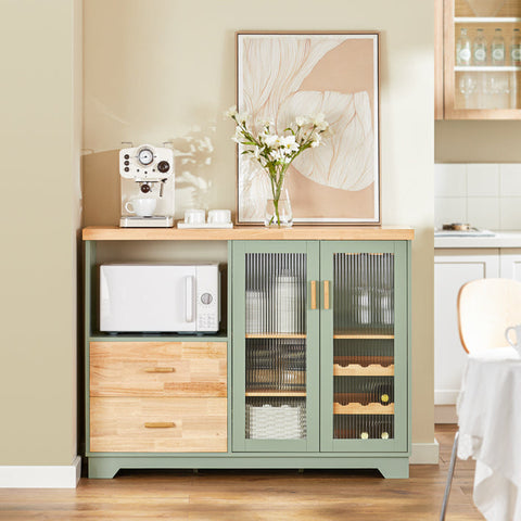 Rootz Modern Sideboard with Glass Doors - Kitchen Cabinet - Dresser - Hall Closet - Storage Organizer - Wine Glass and Bottle Holder - Spacious Microwave Compartment - MDF and Rubber Wood - 120cm x 90cm x 40cm - Green