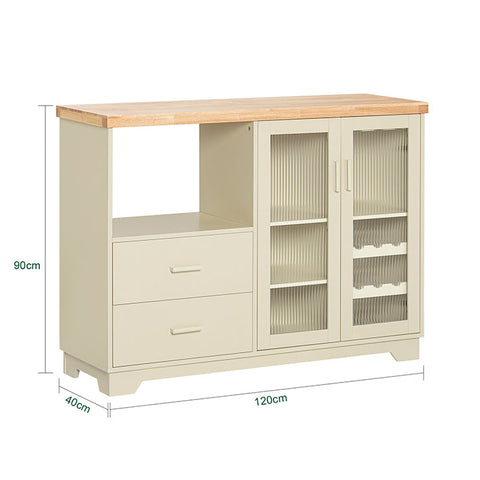Rootz Sideboard with Glass Doors - Kitchen Cabinet - Dresser - Hall Closet - MDF & Rubber Wood - Storage & Display - Wine Rack - Microwave Space - 120cm x 90cm x 40cm
