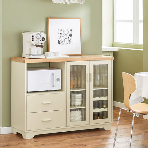 Rootz Sideboard with Glass Doors - Kitchen Cabinet - Dresser - Hall Closet - MDF & Rubber Wood - Storage & Display - Wine Rack - Microwave Space - 120cm x 90cm x 40cm