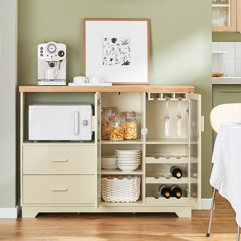 Rootz Sideboard with Glass Doors - Kitchen Cabinet - Dresser - Hall Closet - MDF & Rubber Wood - Storage & Display - Wine Rack - Microwave Space - 120cm x 90cm x 40cm