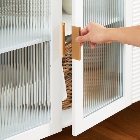 Rootz Kitchen Cabinet with Glass Doors - Kitchen Island - Sideboard - Dresser - Stylish Storage - Sturdy Metal Feet - Easy Assembly - White with Golden Handles - 108cm x 85cm x 40cm