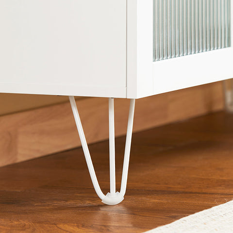 Rootz Kitchen Cabinet with Glass Doors - Kitchen Island - Sideboard - Dresser - Stylish Storage - Sturdy Metal Feet - Easy Assembly - White with Golden Handles - 108cm x 85cm x 40cm